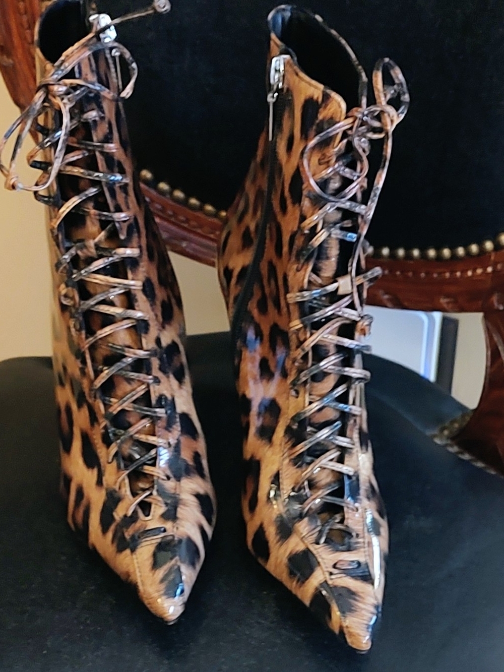 Schultz Leopard Print Lace-Up Stiletto Ankle Boots - Brown/Black 6.5 B